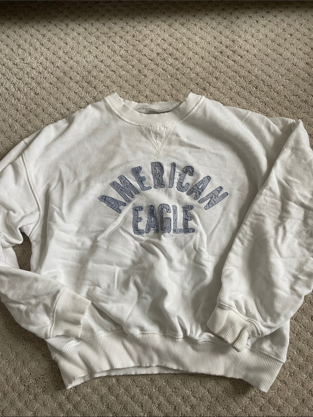 American Eagle Outfitters White Crewneck with Faded Blue Logo